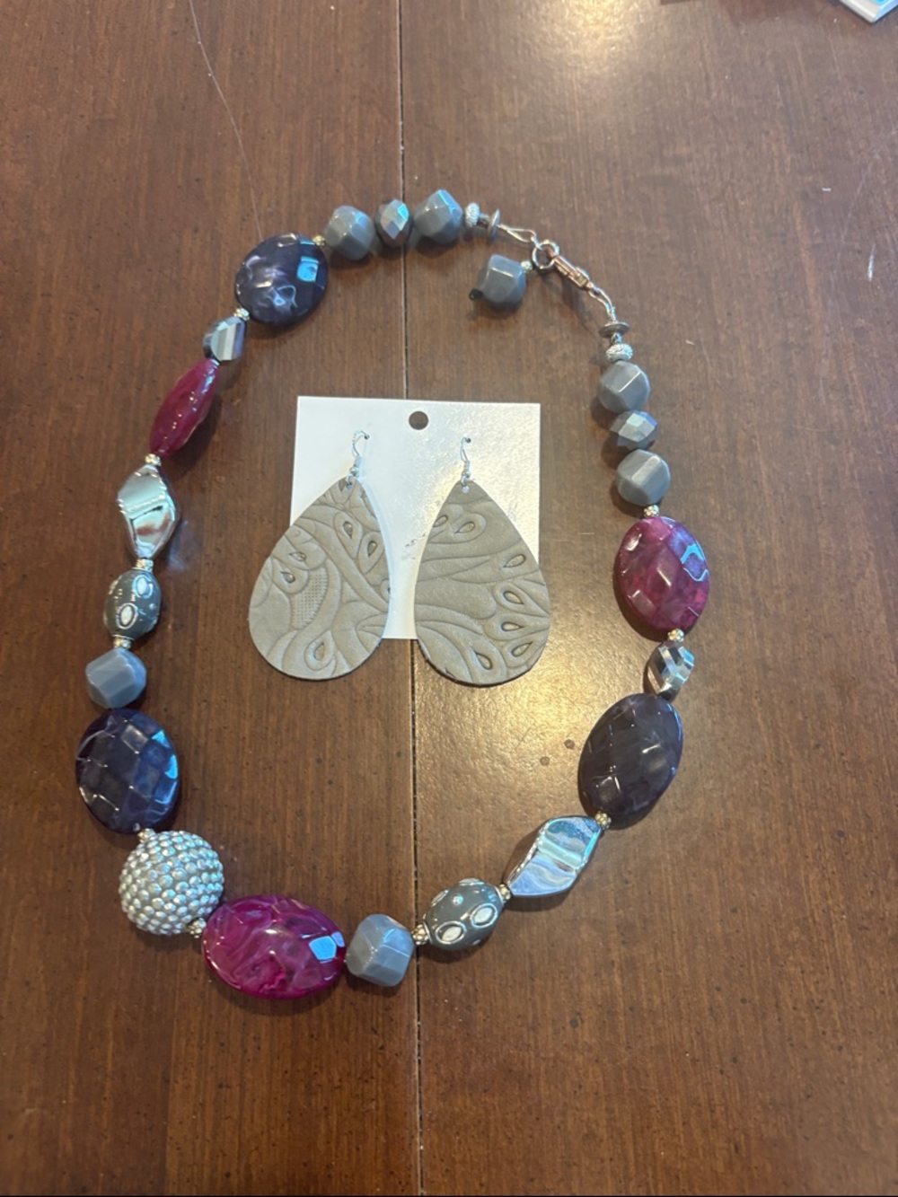 Stylish Pink and Gray Beaded Statement Necklace with Matching Earrings